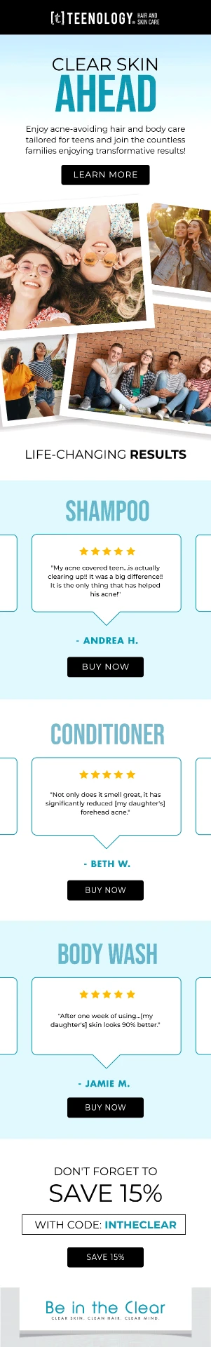 Teenology Clear Skin Ahead email, before creative direction