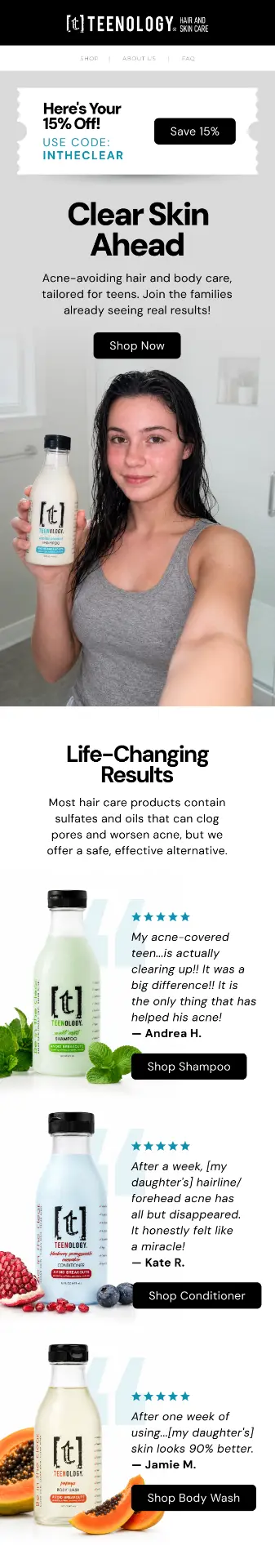 Teenology Clear Skin Ahead email, after creative direction