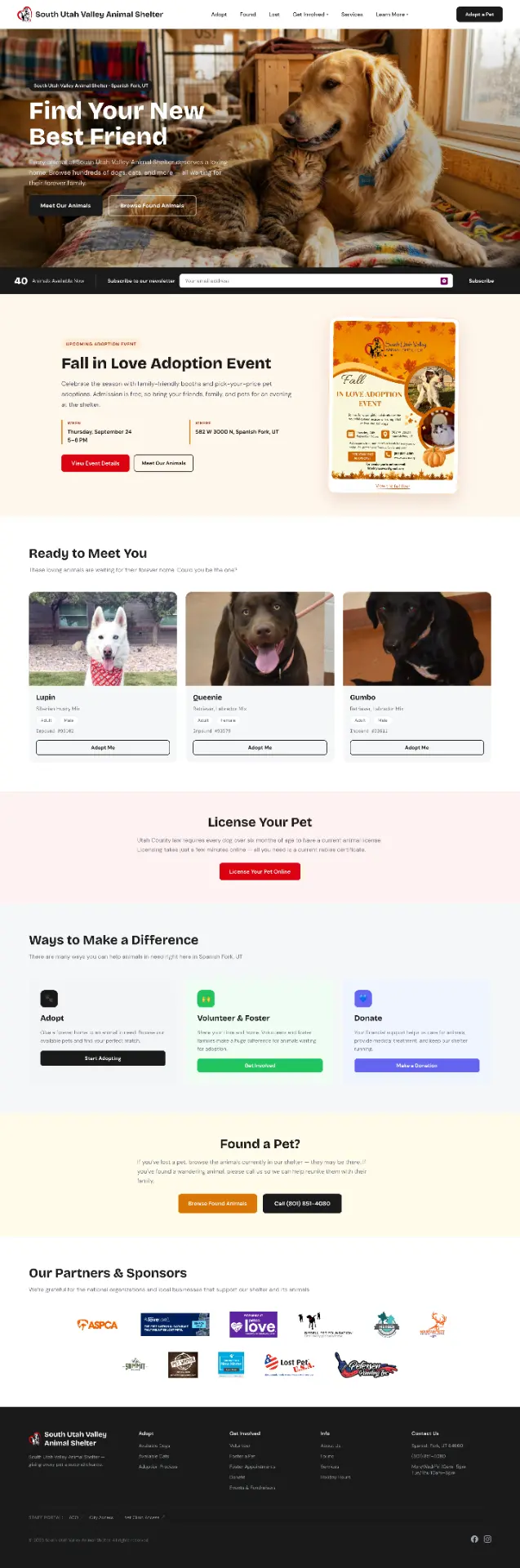 South Utah Valley Animal Shelter homepage, before redesign