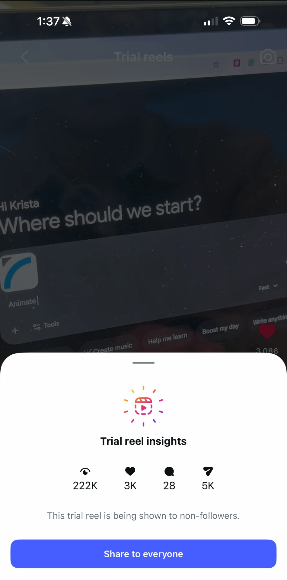 Instagram reel insights showing 222K views